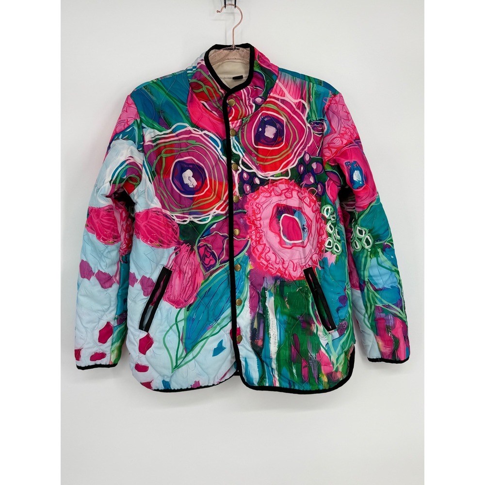 Abstract Floral Quilted Jacket Multicolor Snap Front Sz Small